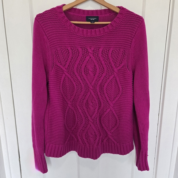 Land's End Drifter Crew Neck Cable Knit Chunky Sweater 100% Cotton Pink Size L - Picture 1 of 7